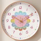 Colorful wall clock with a floral design on a plain background