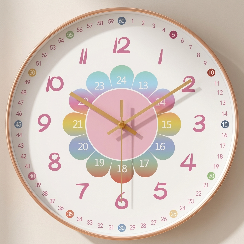 Colorful wall clock with a floral design on a plain background