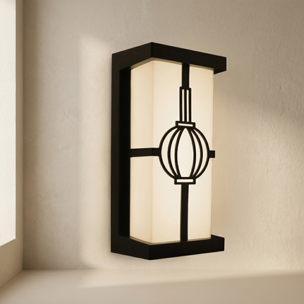 Modern wall-mounted light fixture with a black frame and white glass shade on a neutral wall.