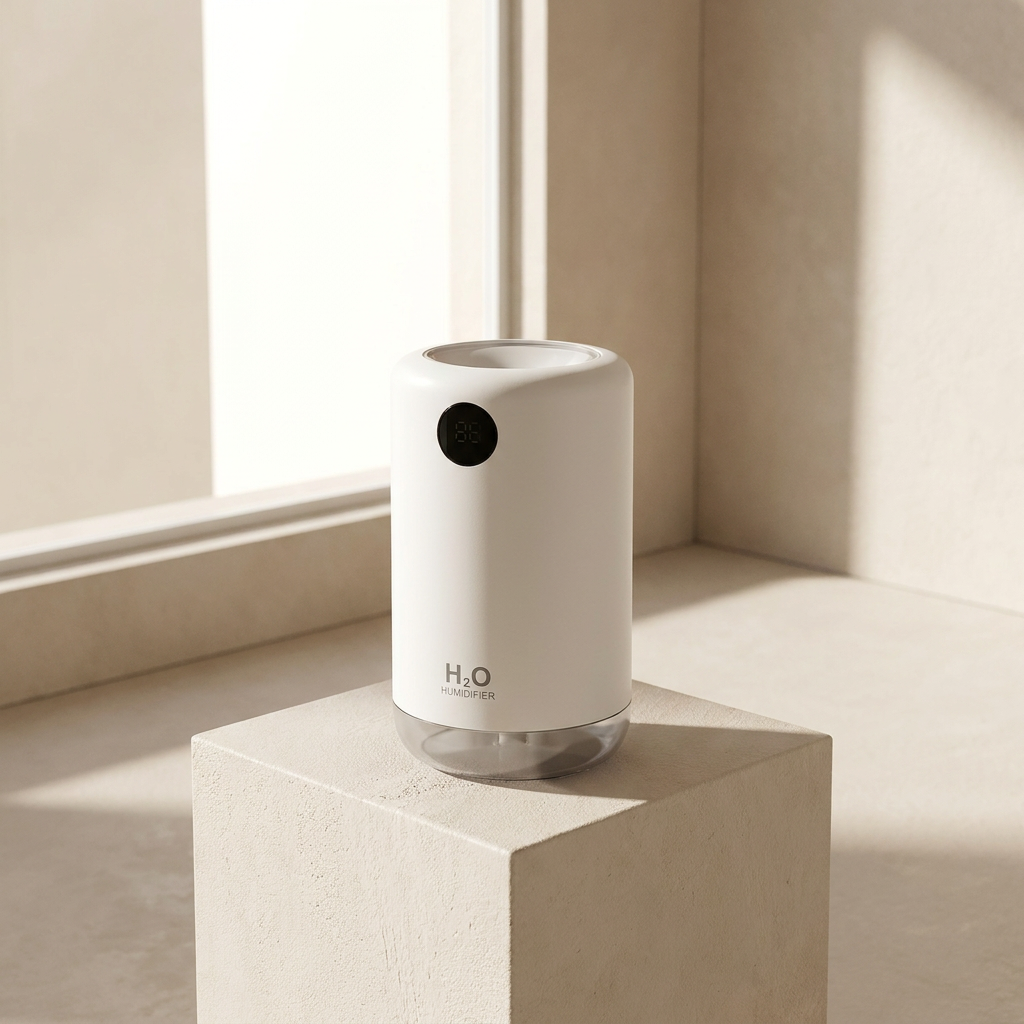 White H2O device on a beige surface with a window in the background