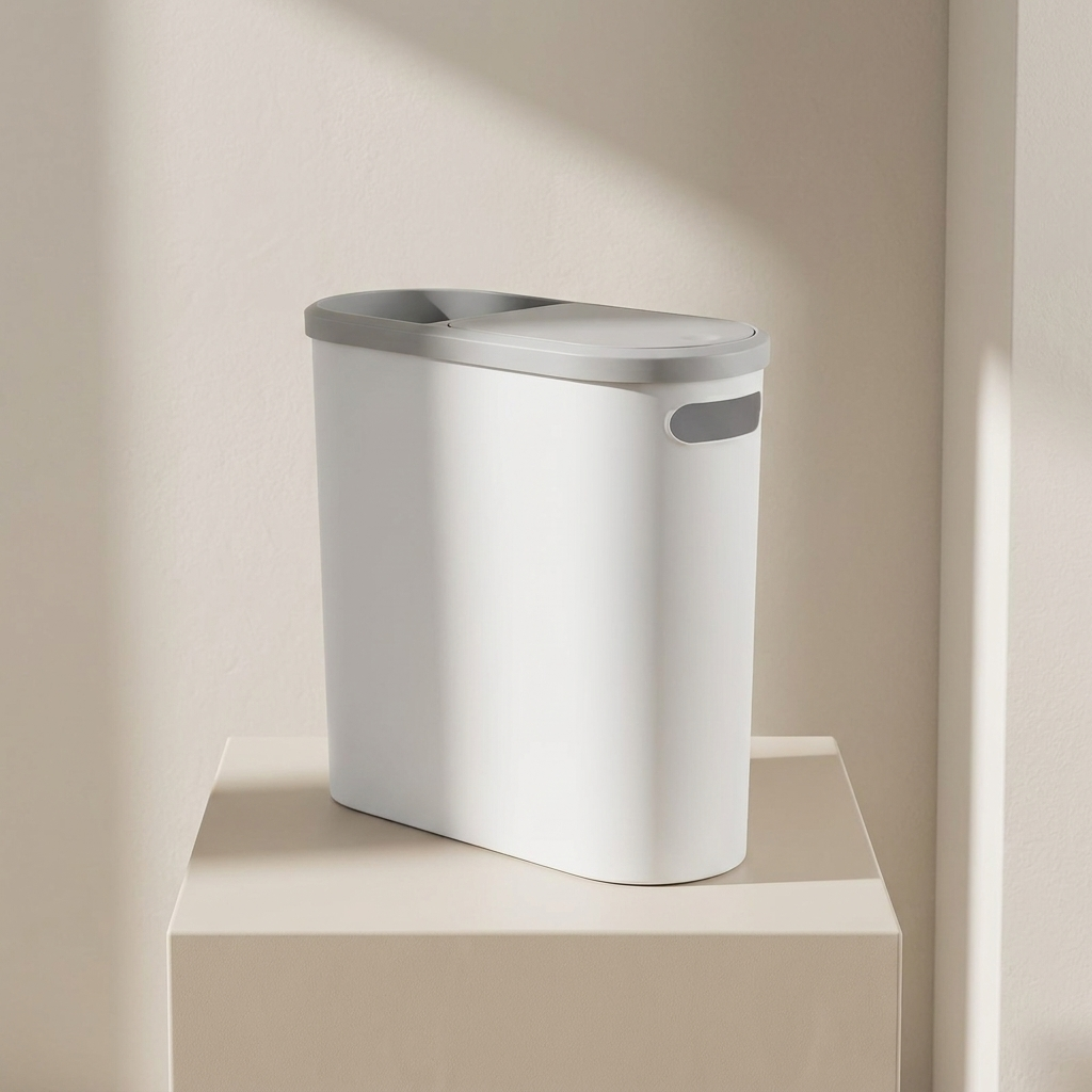 White trash bin with gray lid on a beige surface