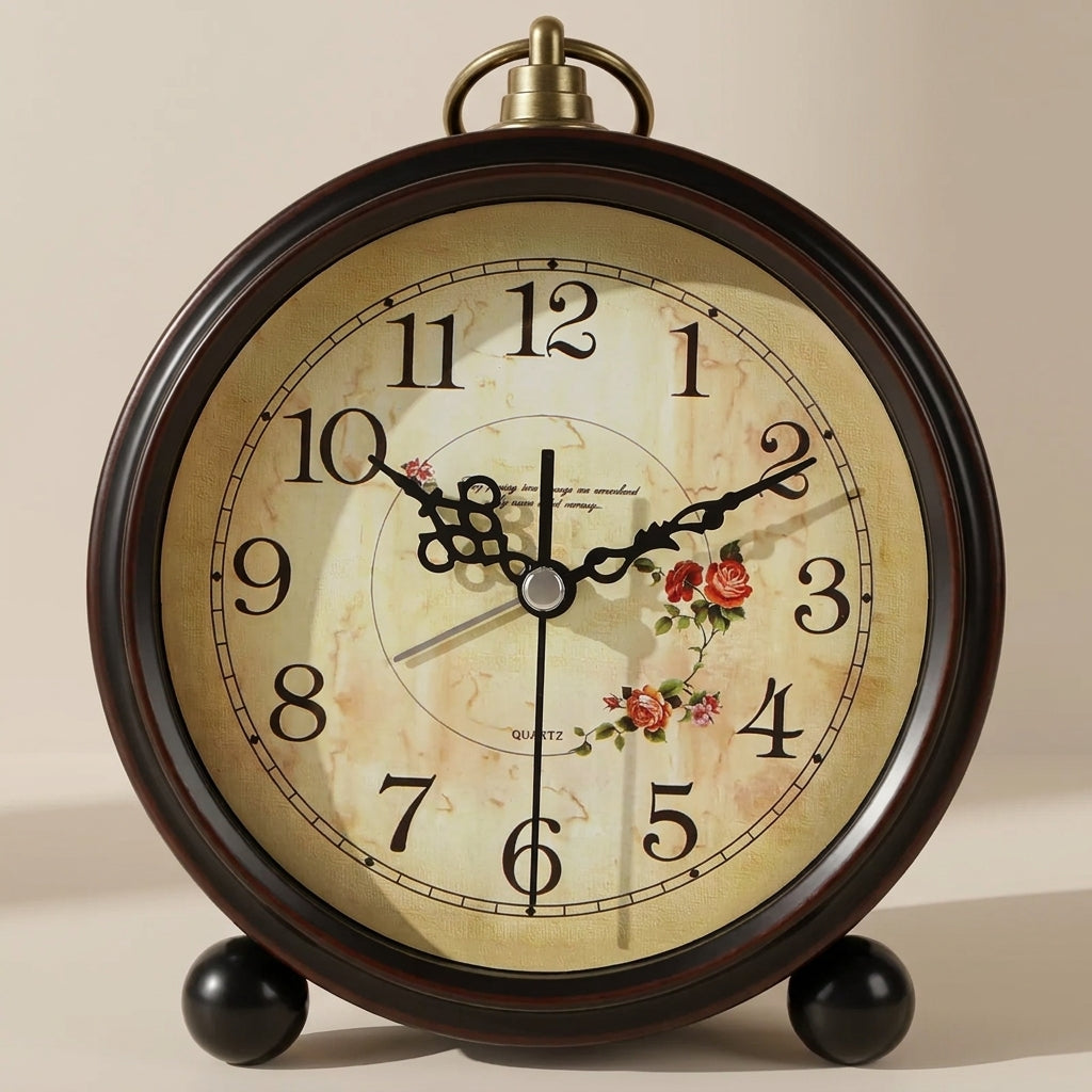 Vintage-style clock with floral design on a beige background