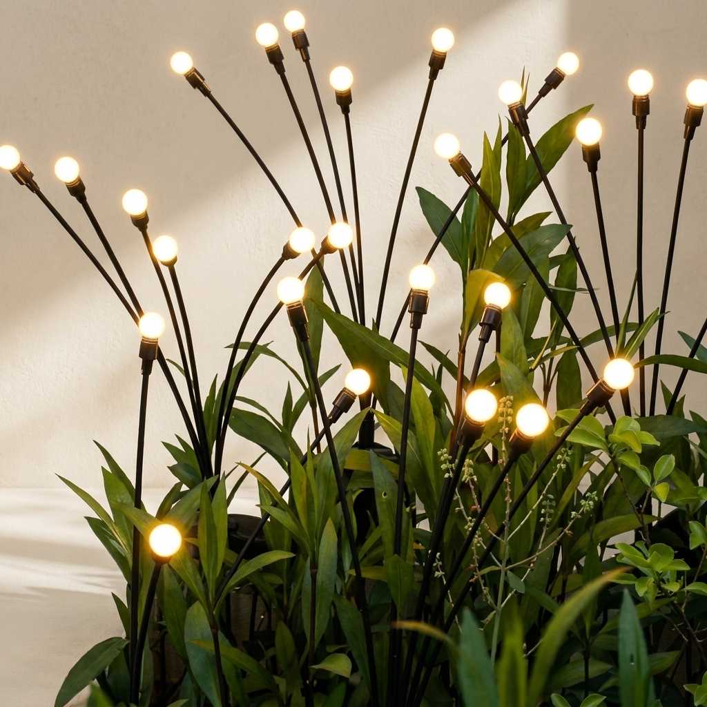 Decorative plant with illuminated branches against a neutral background