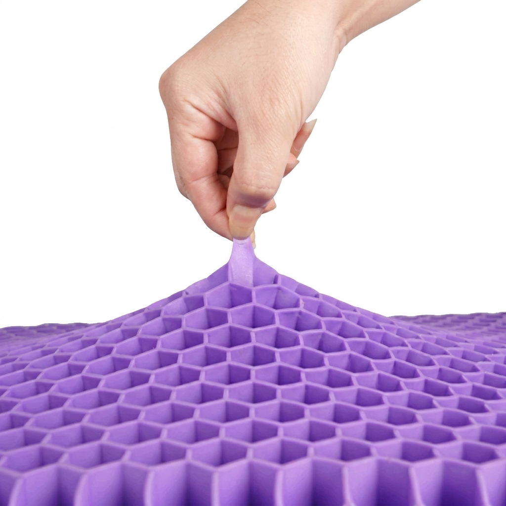Purple honeycomb mat with a hand lifting a piece, on a white background