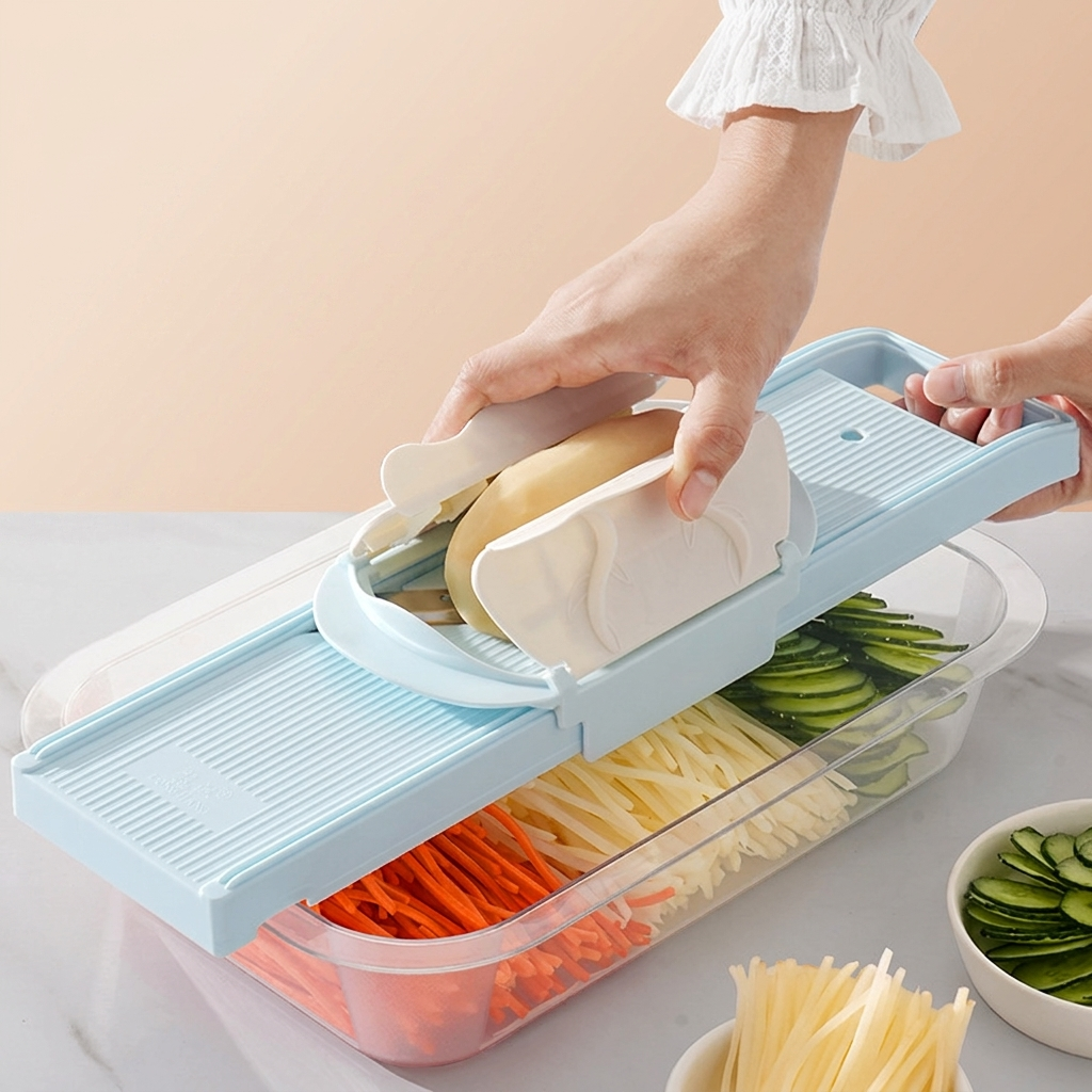 Vegetable slicer with sliced vegetables on a light background