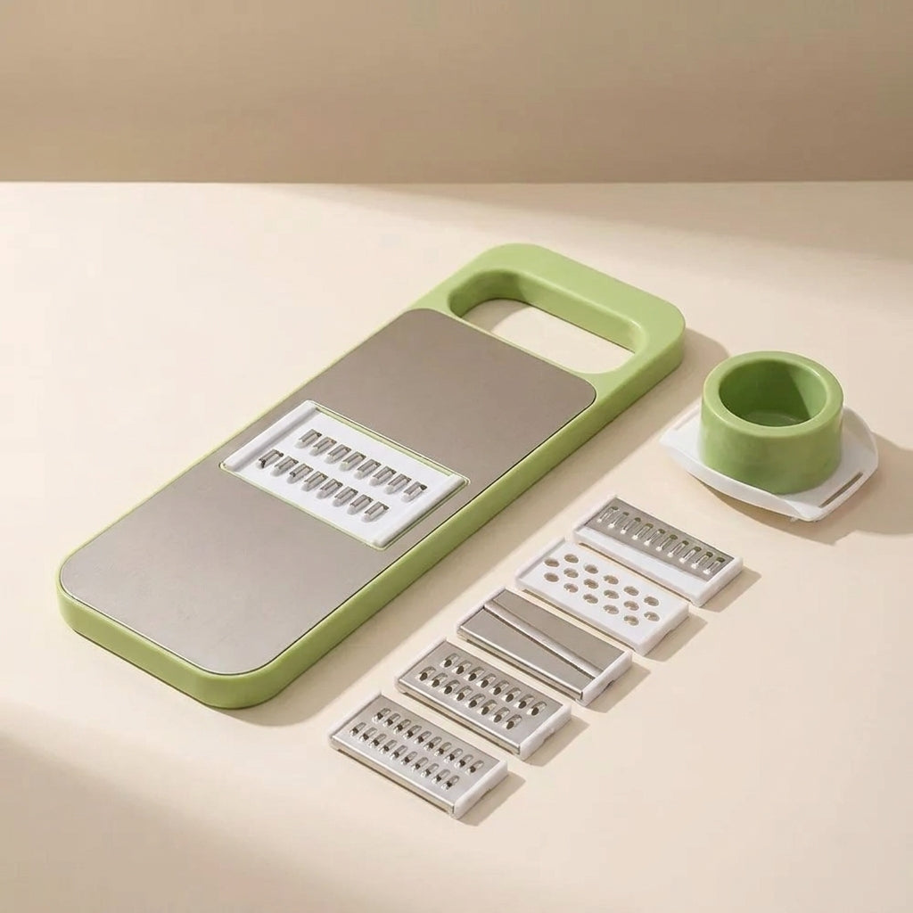 Multifunctional kitchen tool with green handle and silver components on a beige background