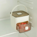 Fridge storage container with a brown lid and clear compartment holding fruits inside a refrigerator.