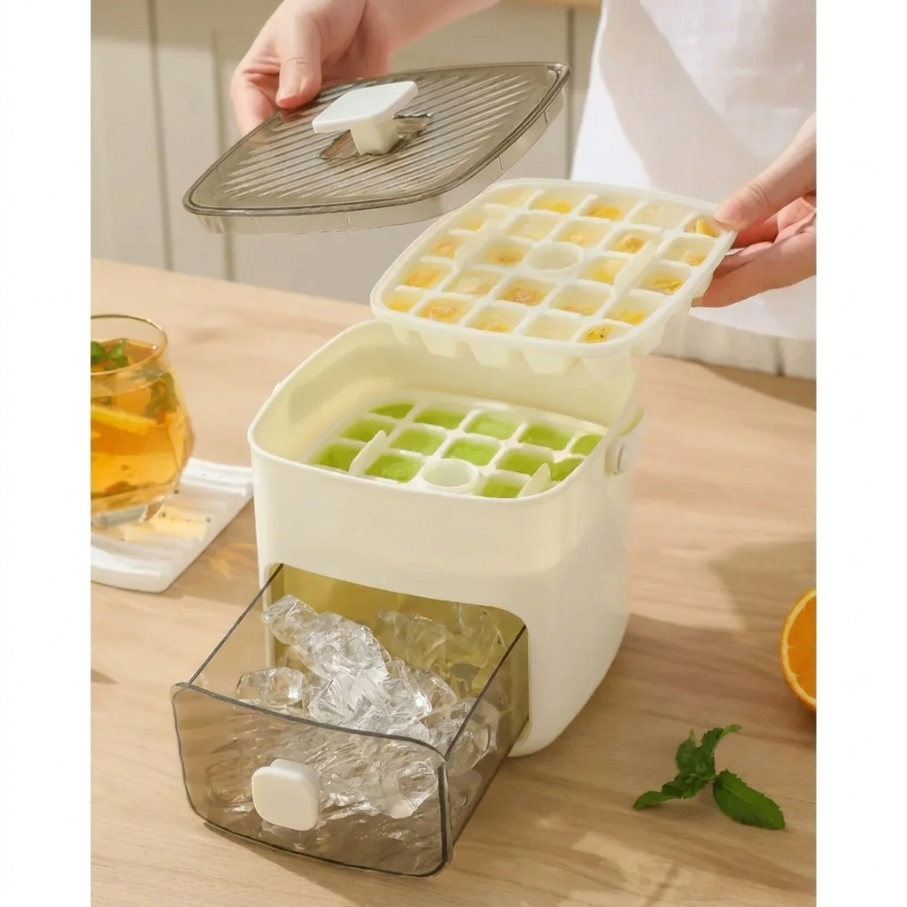 Ice cube tray with frozen cubes and a container of ice on a wooden surface.