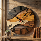 Wooden wall clock with a landscape design on a wooden wall.