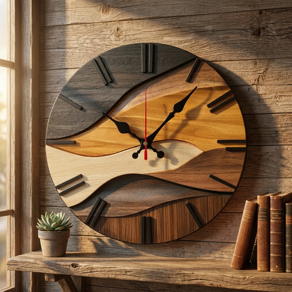 Wooden wall clock with a landscape design on a wooden wall.