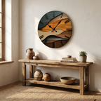Wooden wall clock with artistic design on a wall above a wooden console table with decorative items.