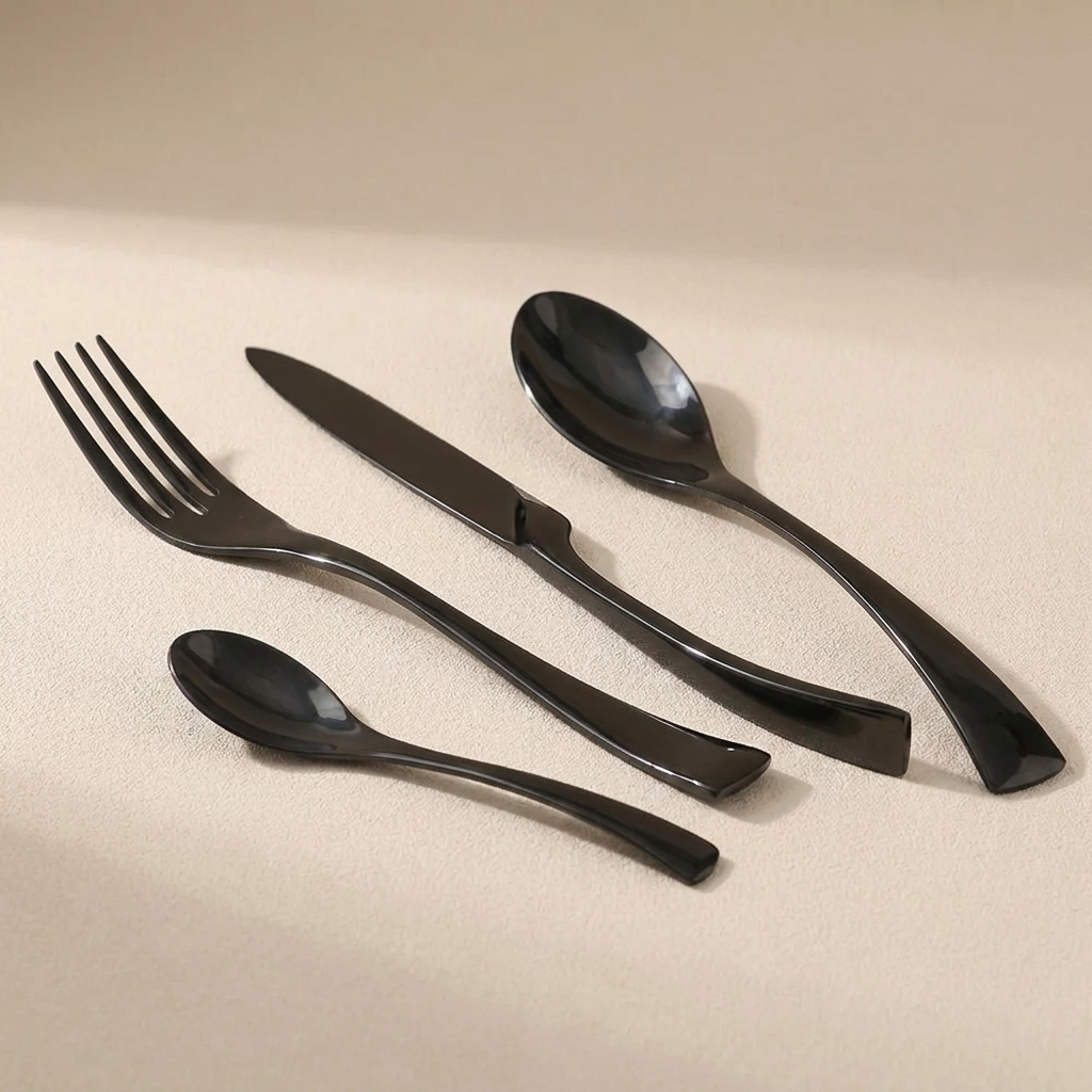 Set of black cutlery including a fork, knife, and two spoons on a beige surface.