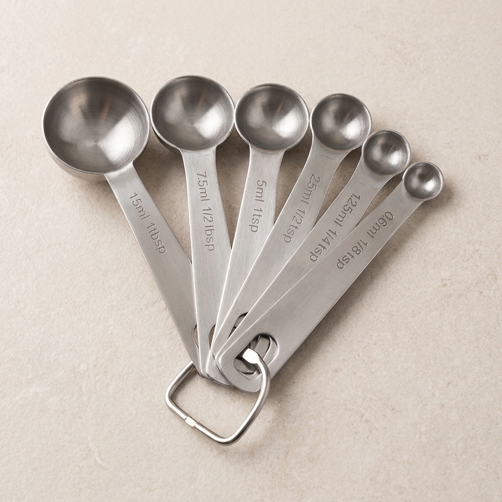 Set of metal measuring spoons with measurements on a beige background