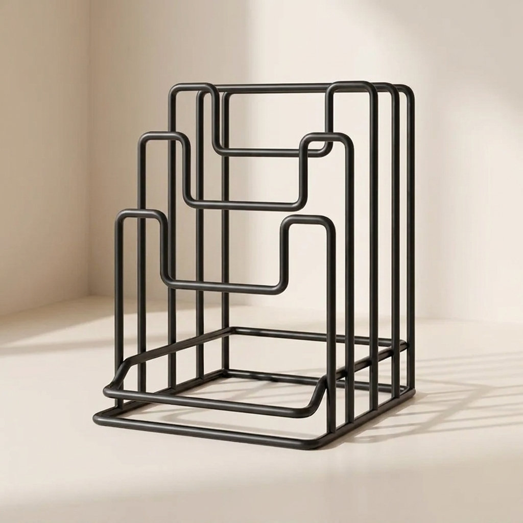 Black metal magazine rack on a beige background