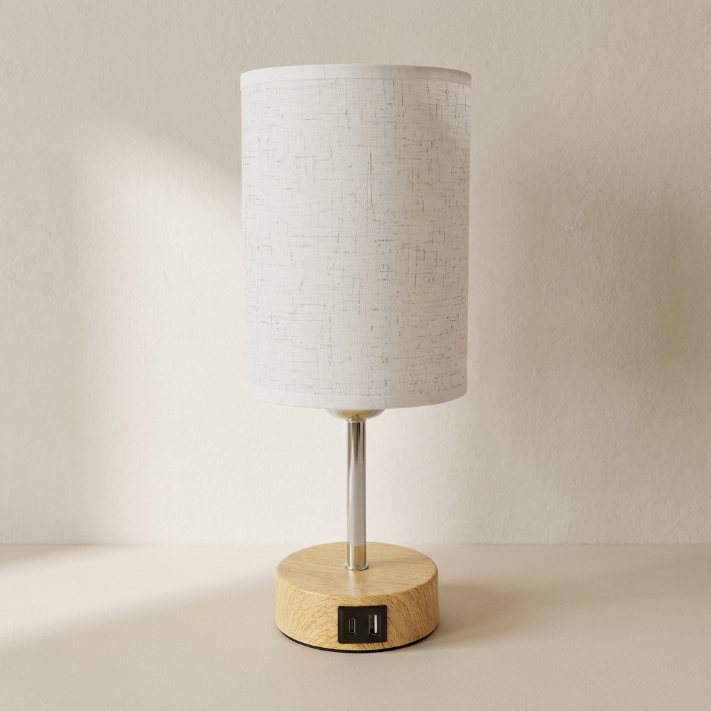 Table lamp with wooden base and white fabric shade on a neutral background