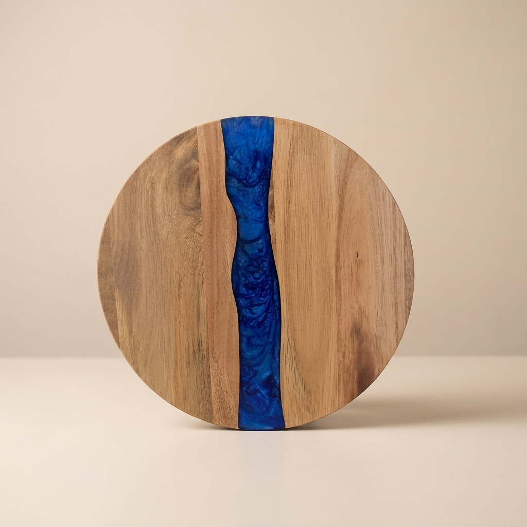 Round wooden cutting board with a blue resin inlay on a beige background