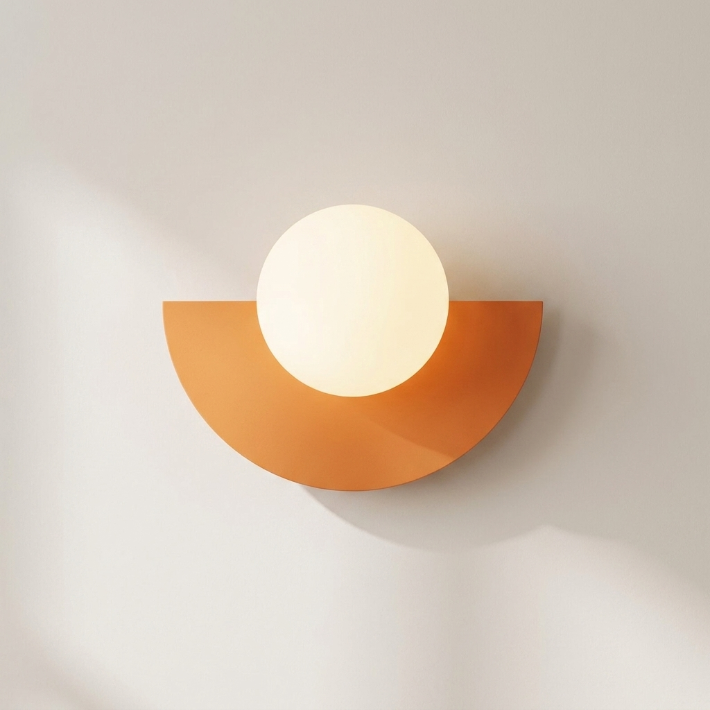 Wall-mounted light fixture with a half-circle wooden frame and white bulb on a neutral background
