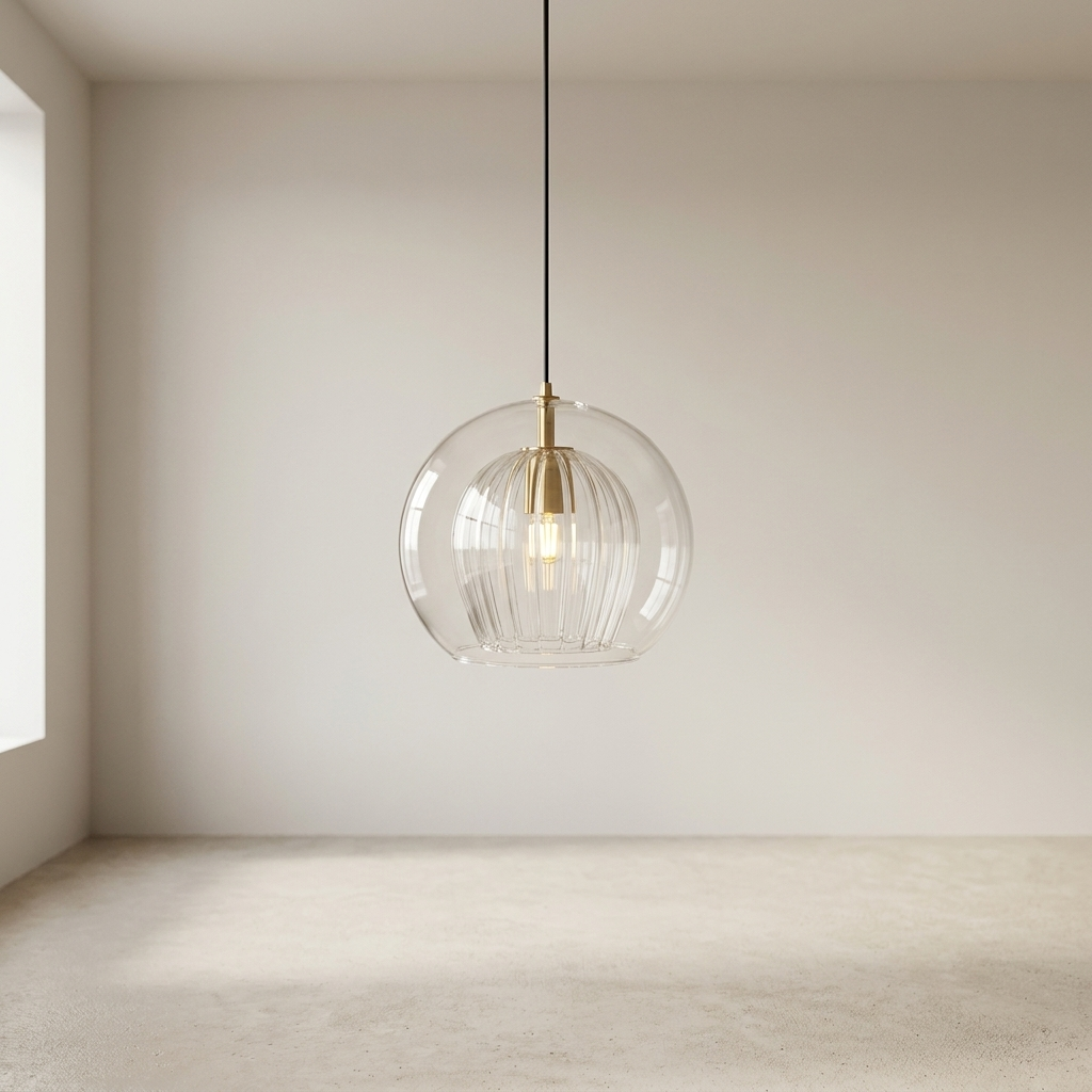 Modern pendant light with clear glass shade and gold fixture in a minimalistic room.