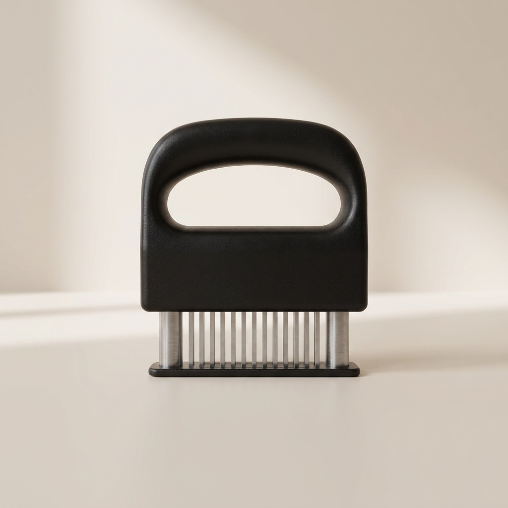Black meat tenderizer on a beige background