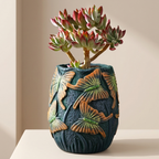 Decorative pot with a plant on a plain background