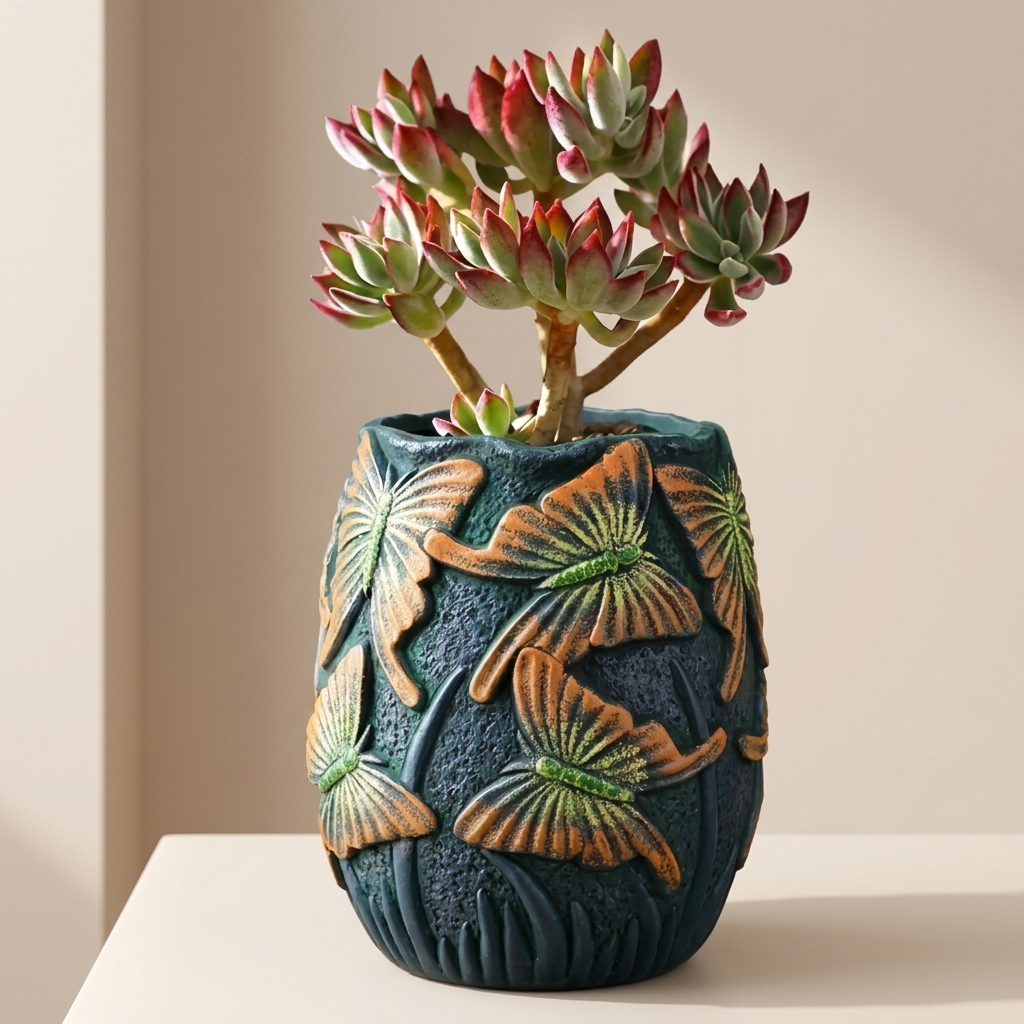 Decorative pot with a plant on a plain background