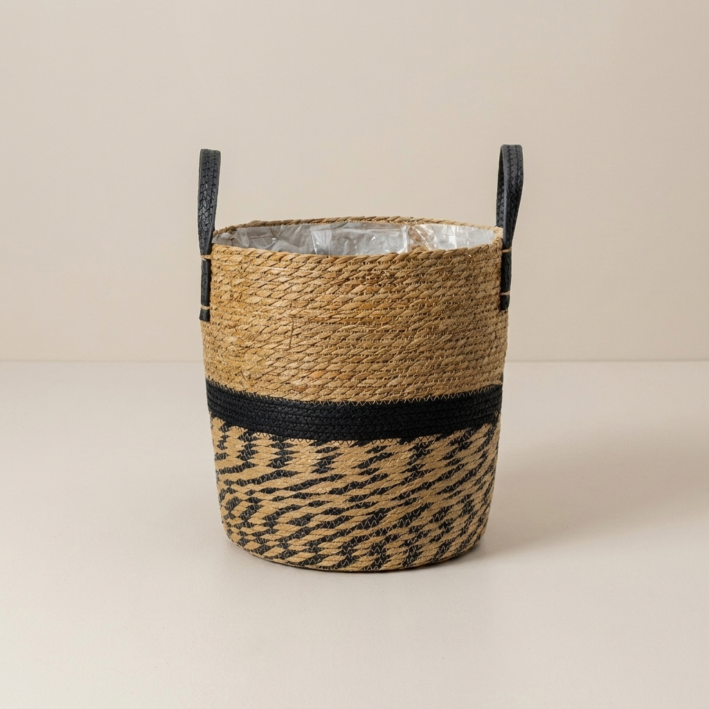 Woven basket with black accents on a beige background