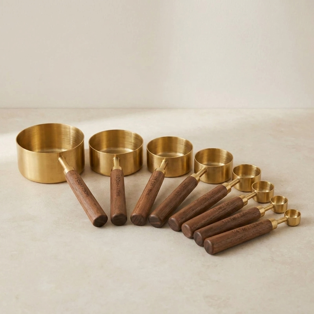 Set of brass measuring cups and wooden handles on a beige surface