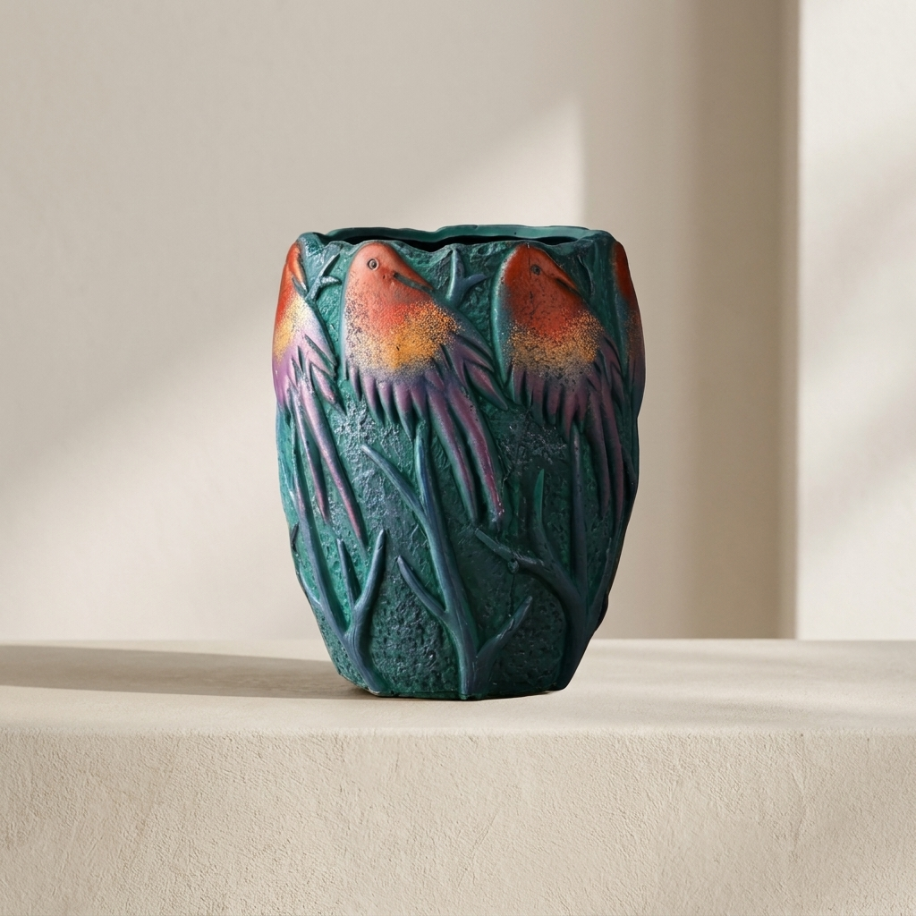 Decorative vase with bird design on a neutral background