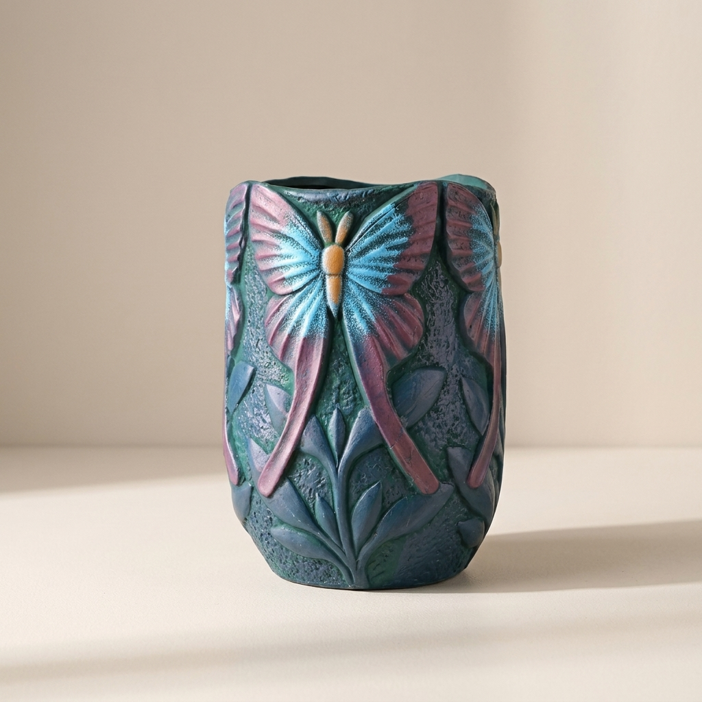 Decorative vase with butterfly design on a beige background