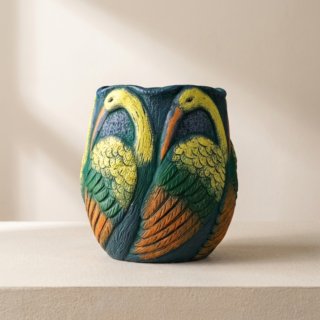 Ceramic vase with bird design on a beige background