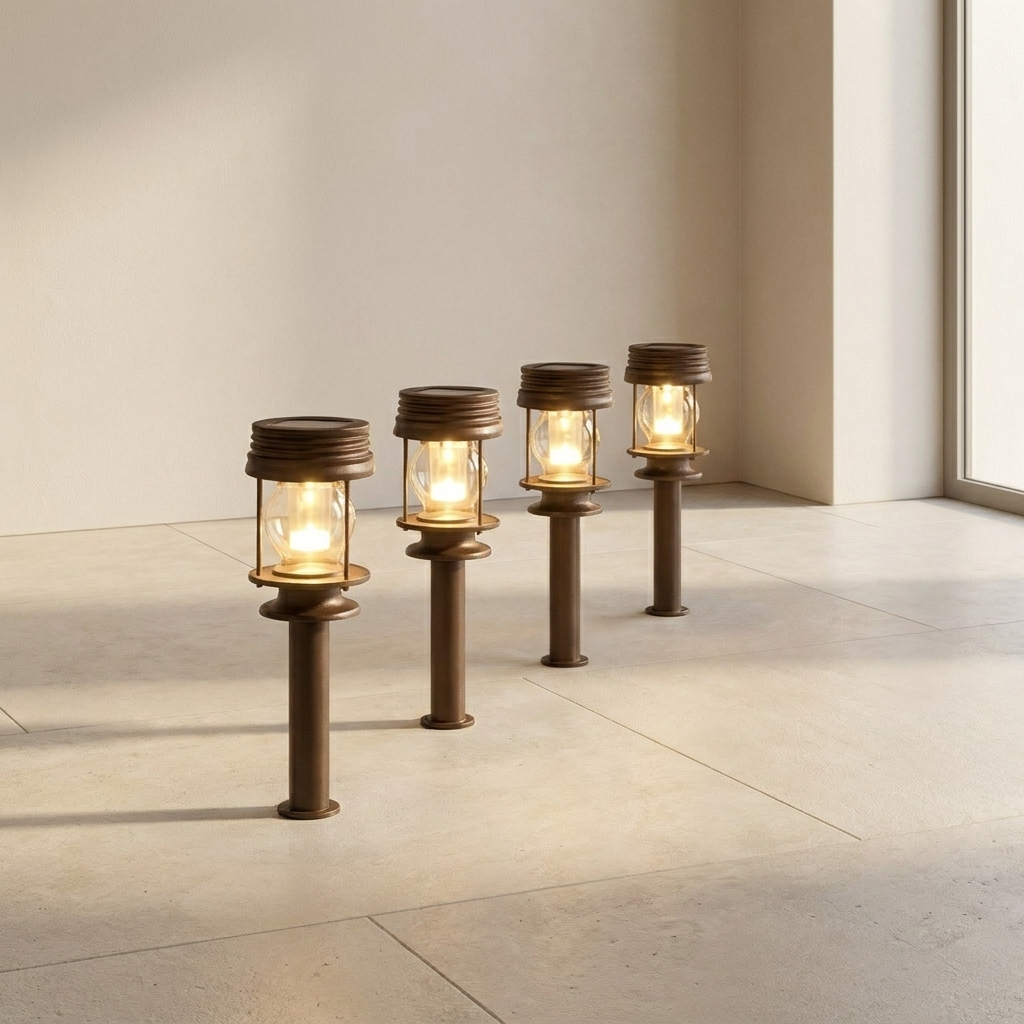 Set of four outdoor solar path lights on a tiled floor.
