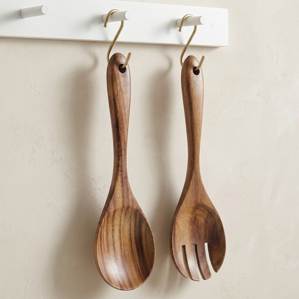 Serving Utensil Set Wooden Spoon and Fork Natural Brown Kitchen Set 1