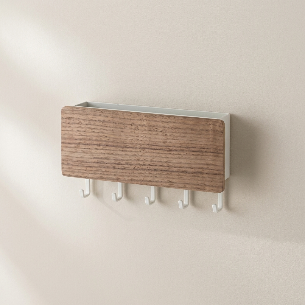 A rectangular wall-mounted coat rack with a woodgrain front panel and five white hooks below, shown mounted on a plain beige wall.