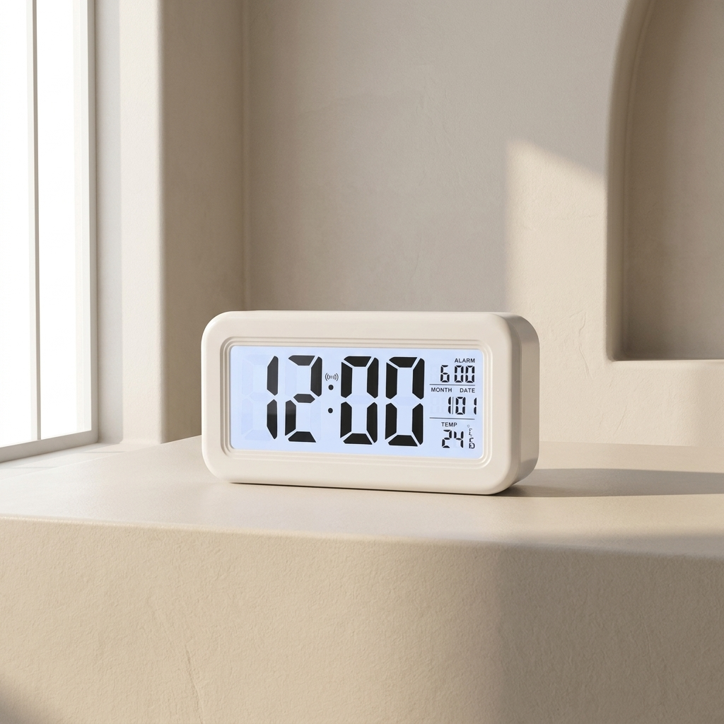 Digital Alarm Clock, LCD Display, Snooze Function, Compact Design