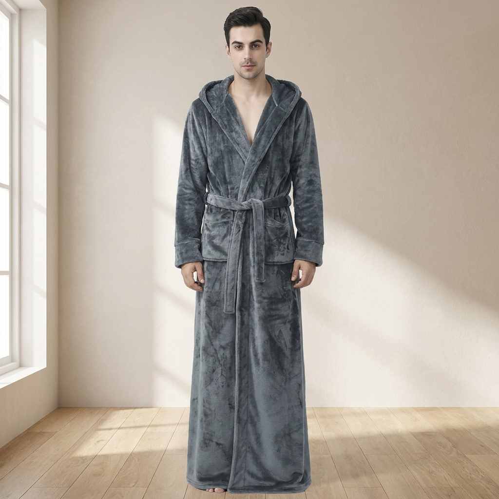 Men’s Hooded Plush Fleece Bathrobe – Soft Warm Robe for Home, Spa & Lounging
