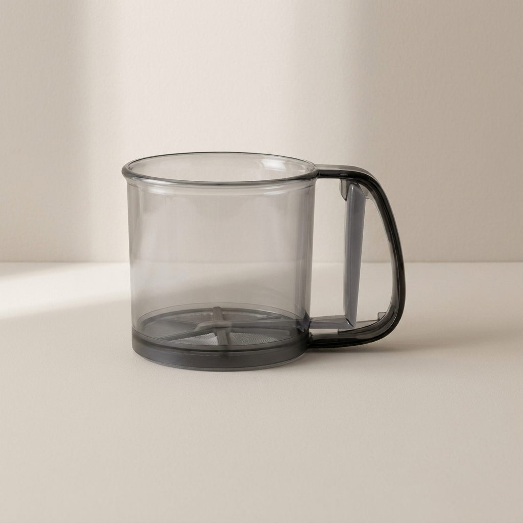 A translucent smoky gray plastic container with a matching dark gray handle and base, shown on a clean, light beige studio background.