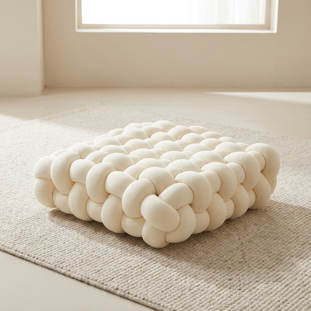 A square, chunky knotted pouf floor cushion in a warm off-white/cream color, styled on a textured beige rug in a brightly lit, minimalist room.
