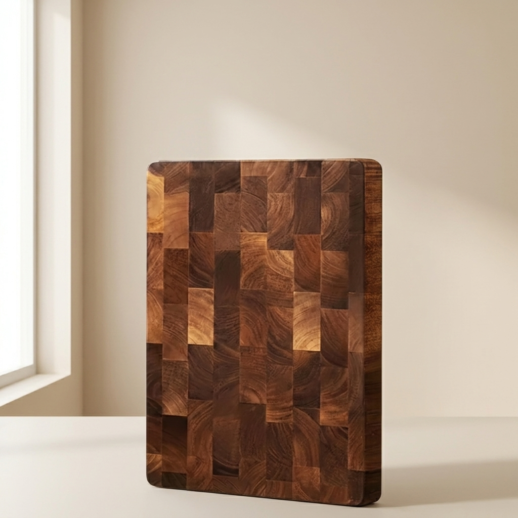 A rectangular wooden cutting board with a geometric block pattern in various shades of brown wood grain, standing upright on a white surface against a beige wall.