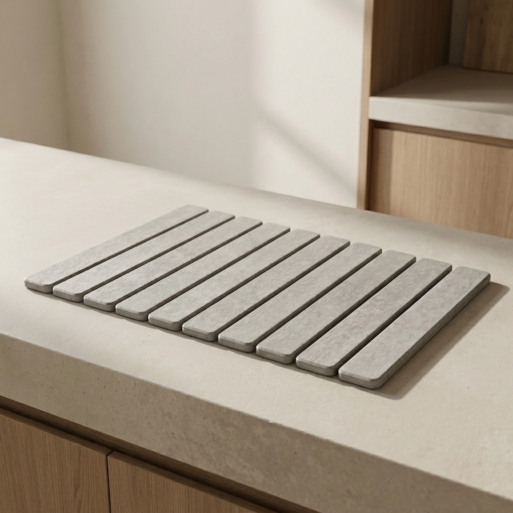A rectangular gray slatted mat or tray with rounded corners, placed on a light beige countertop in a modern kitchen setting with wood cabinetry visible in the background.