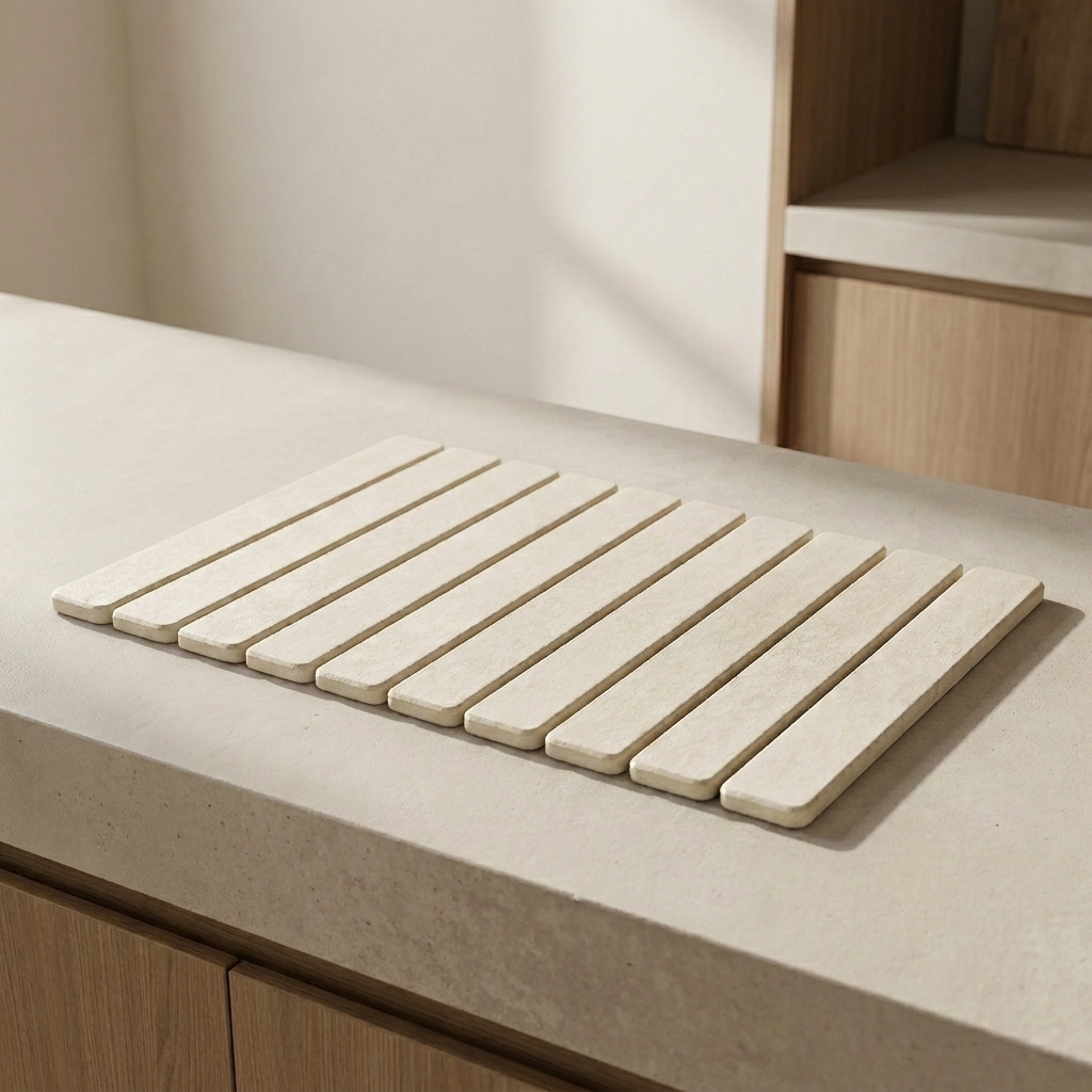 A rectangular beige slatted countertop mat or trivet with rounded ends, shown resting on a light stone countertop in a modern kitchen setting.