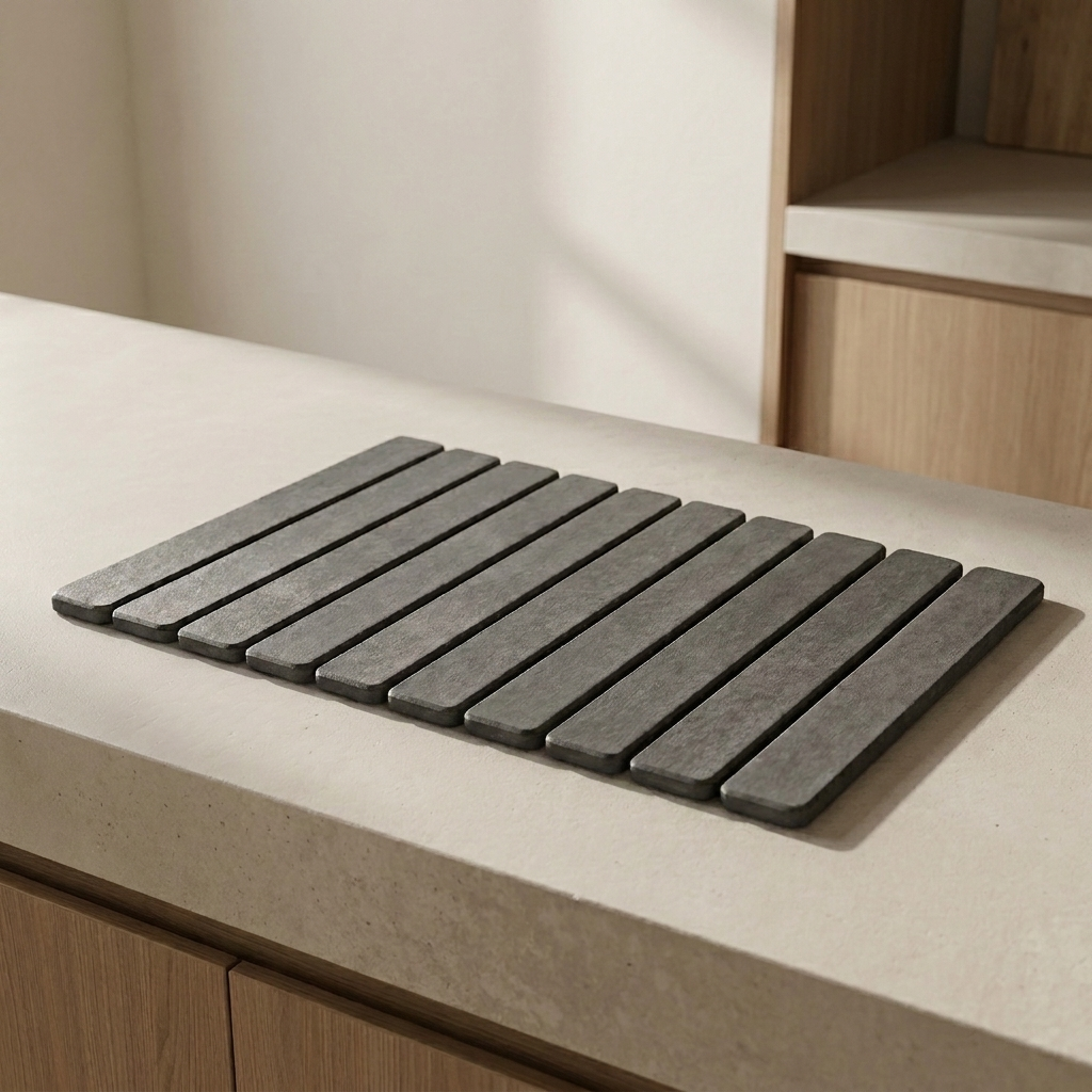 A rectangular dark gray slatted mat or trivet placed on a light beige countertop in a kitchen setting with wood cabinetry visible in the background.