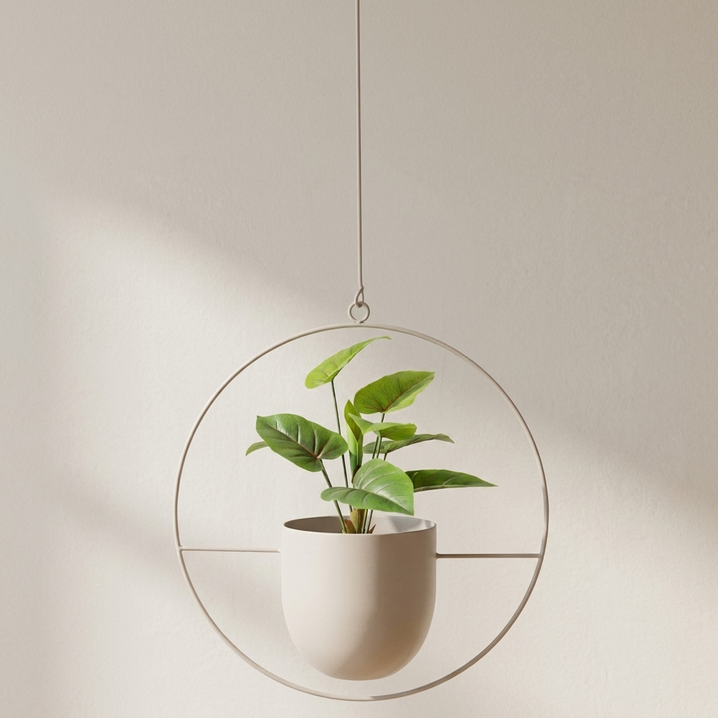 A hanging planter with a small green leafy plant in a matte cream-colored pot, suspended inside a thin circular metal frame against a warm beige wall.