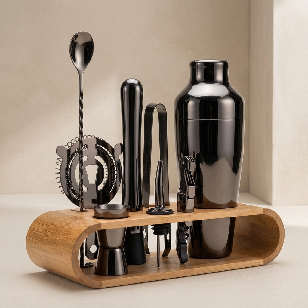 A black metal cocktail bar tool set displayed on a curved bamboo stand, including a shaker, strainer, spoon, and other bartending accessories, photographed in a clean studio setting.