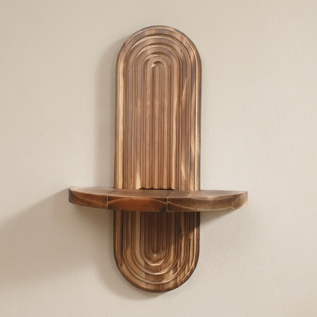 A rustic wooden wall shelf with a unique arched, ribbed backplate and a curved horizontal shelf, mounted on a plain beige wall.