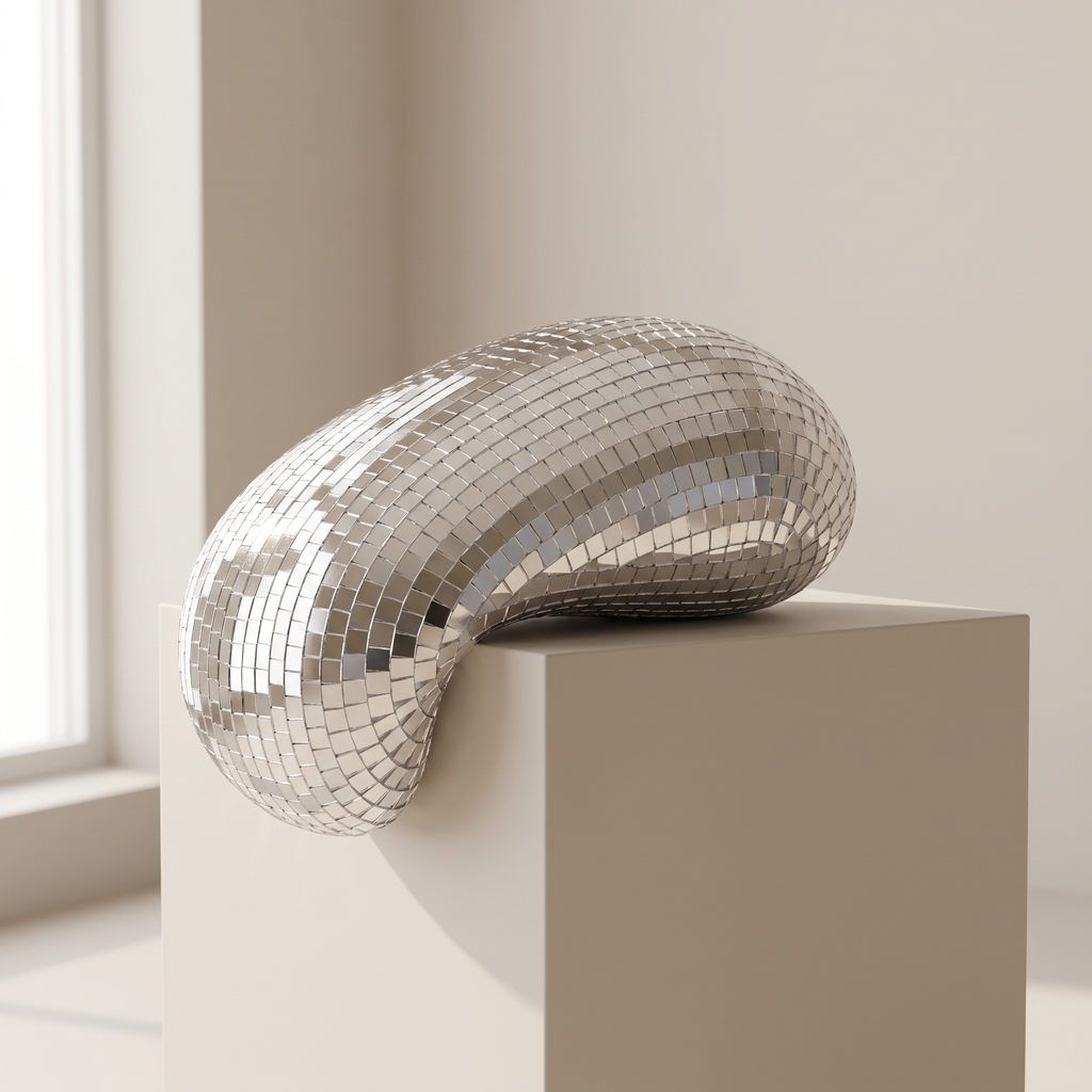 A sculptural, curved object covered in small reflective silver tiles, displayed on a beige pedestal in a softly lit interior setting.
