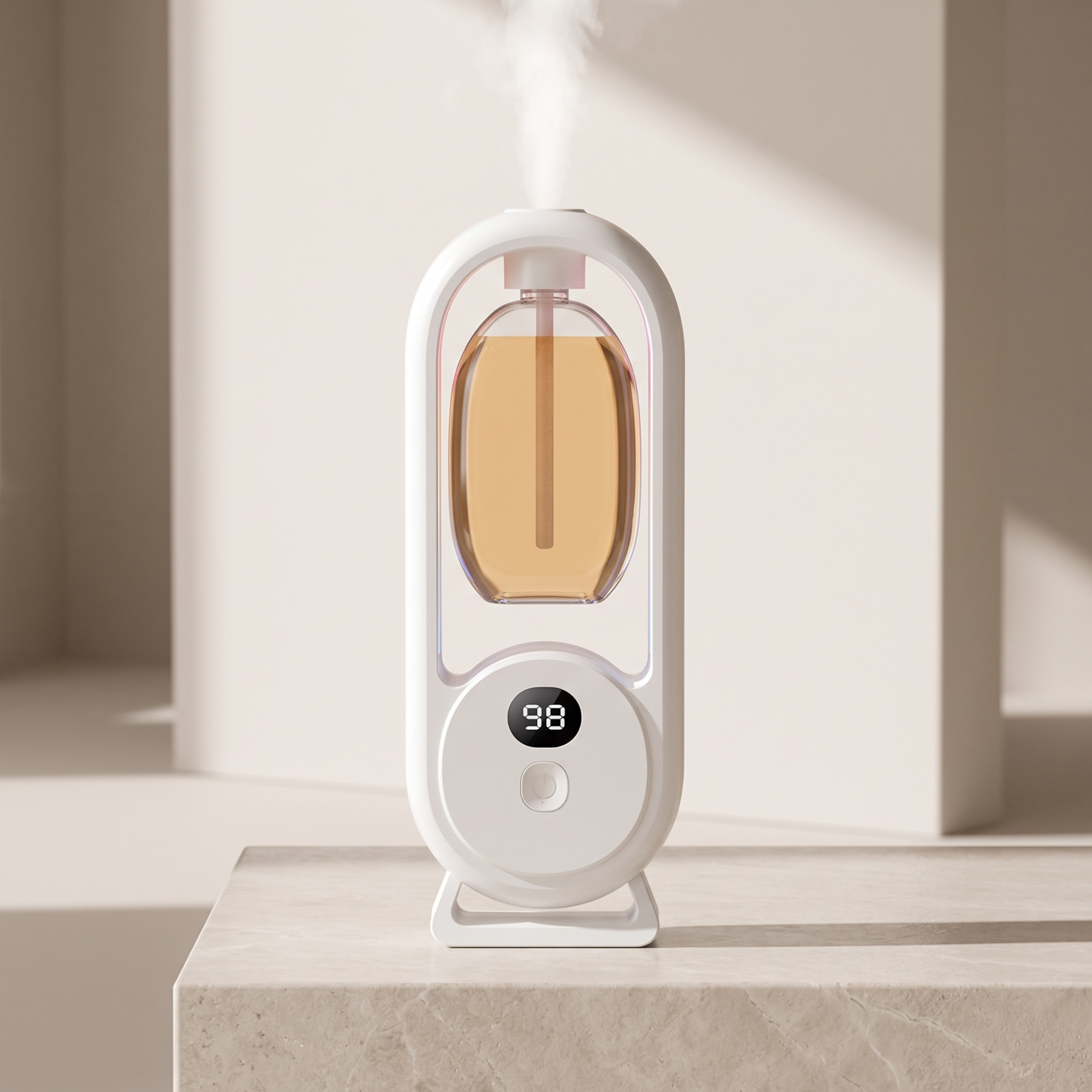 A white tabletop humidifier with a clear water chamber showing warm amber liquid inside, emitting a fine mist. The device has a circular digital display showing '98' and a minimalist stand, set on a light stone surface against a warm beige background.