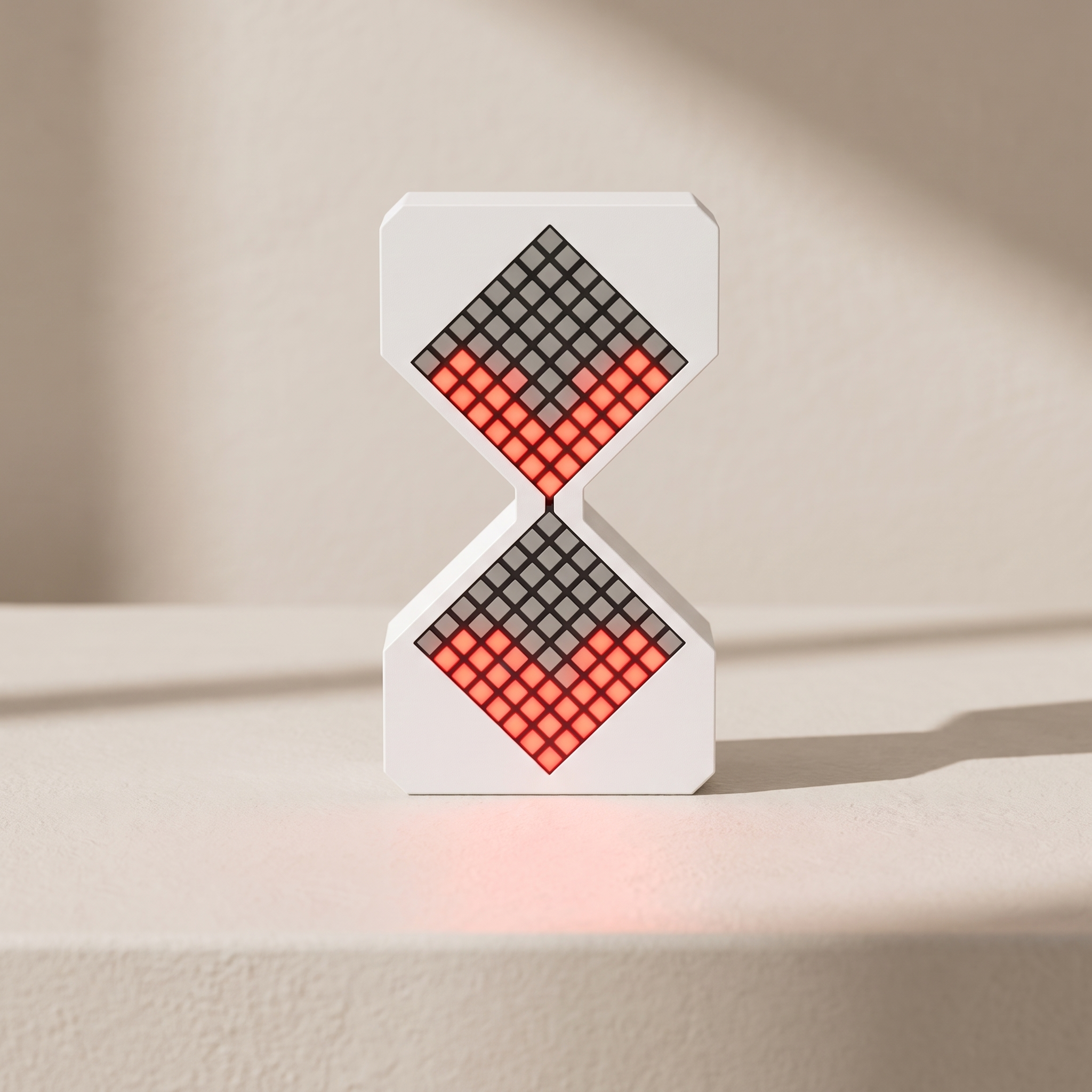 A white geometric hourglass-shaped decorative object with two diamond panels, each showing a grid of gray squares and red illuminated sections, standing on a beige surface against a warm beige background.