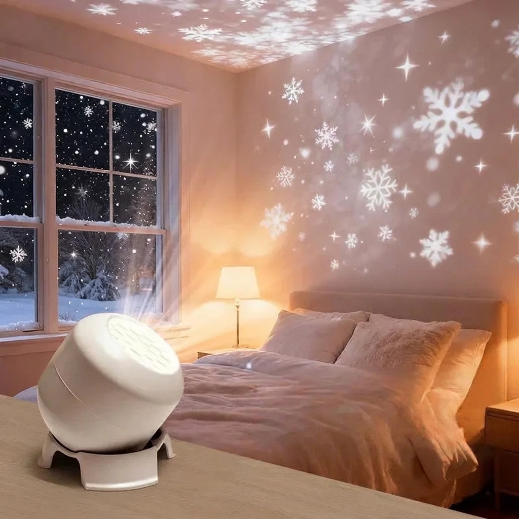 A white cylindrical snowflake projector lamp sits on a bedside table in a warmly lit bedroom, projecting glowing snowflakes and star-like lights across the ceiling and wall above a bed with pillows.