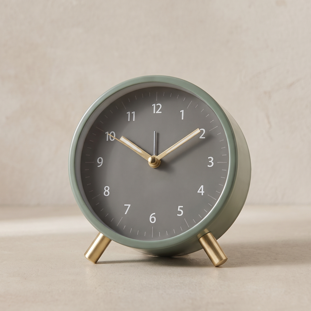 A minimalist round alarm clock with a sage green metal body, a dark gray face, and gold-toned hands and feet, set against a neutral beige background.