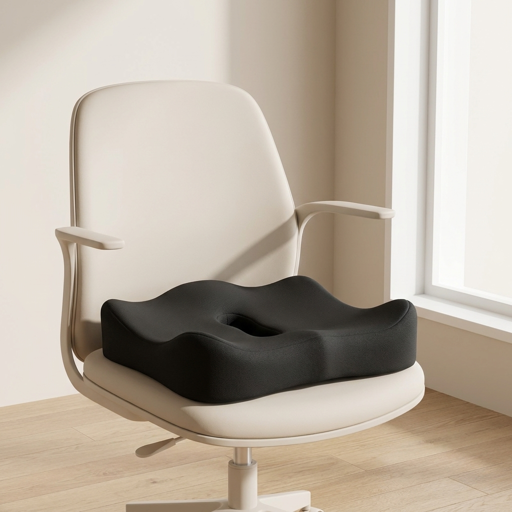 A black contoured lumbar support seat cushion placed on a cream-colored office chair in a bright, minimalist room with a window.